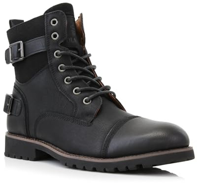 Polar Fox Men's Patrick Motorcycle Combat Boots | Military Style Cap Toe Ankle Boot with Side Zipper & Buckles | MPX808583 | in Black, Size 9.5