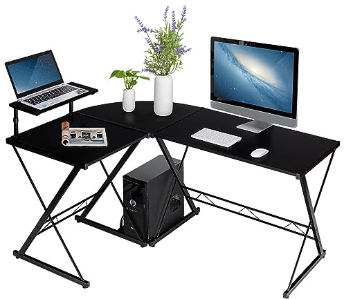 COSTWAY Scrivania Angolare Salvaspazio, Scrivania di Metallo e Legno con Supporto per Monitor e Ripiano, Scrivania ad Angolo Staccabile per Ufficio e Casa (Nero)