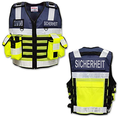 EXPLOSIV Reflektierende Multi-Taschen Security Sicherheitsweste, Größe M-2XL (verstellbar), navy-yellow (Sicherheit)
