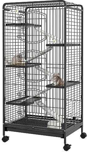 PawHut Ferret Cage Small Animal Cage 6 Levels with Bowl, Water Bottle, Wheels, Rolling Pet Cage for Bunnies Chinchillas, Squirrels, 131cm - Black