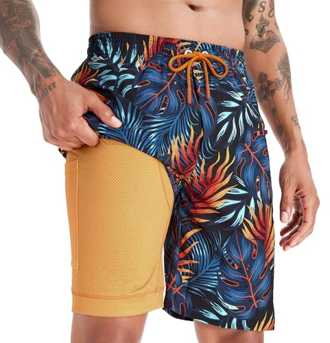 APTRO Herrshorts badshorts 2 i 1 träningsshorts 23 cm badshorts, kompressionsnätfoder, blixtlåsfickor, stora och långa