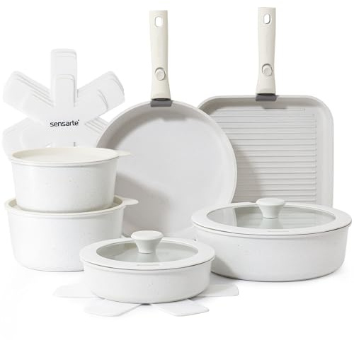 SENSARTE 17 Piece Pots and Pans Set, Nonstick Detachable Handle Cookware Set, Induction Kitchen Cookware Set with Removable Handle, Healthy Non Stick for RV, Dishwasher ＆ Oven Safe, PFOA Free (White)