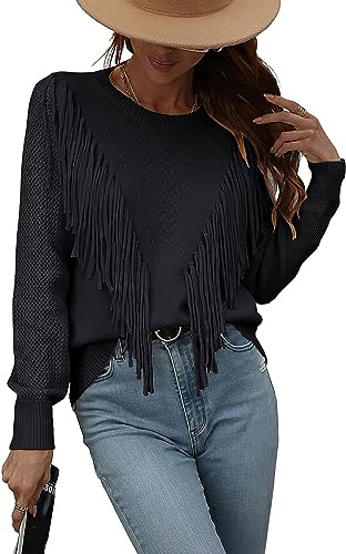 Leyoutx Maglione da Donna Casual Girocollo con Frange Nappe all'Uncinetto a Maniche Lunghe Lavorato a Maglia Autunno Maglione Pullover Top, Nero, M