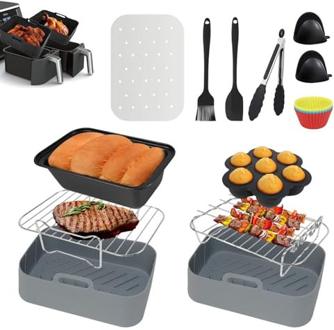 Air Fryer Accessories, 17 PCS for Ninja Foodi AF300UK AF400UK Tower T17088，Including Silicone Air Fryer Liners, Air Fryer Racks, Bread Pan, Food Clip for Air Frye, Oven, Microwave(Grey)