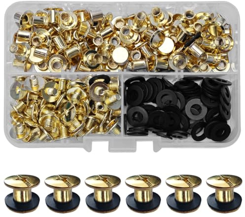 SHSMPXOY Chicago skruvar stolpar, skruvar nitar för läder, Chicago bindande skruvar, metallnitar ersättning reparation för väskor, bok, halsband, ryggsäckar, hundkoppel, koppel (guld, M5 x 5: 90 st)