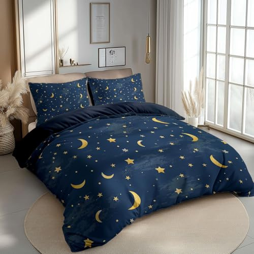CozyRest Bettwäsche 200 x 200 cm Bettbezug Set 3 Teilig mit 2 Kissenbezügen, Muster Sterne und Mond Sternenhimmel Wende Blau Bettwäsche für Teenager Kinder, aus Weiche Mikrofaser mit Reißverschluss
