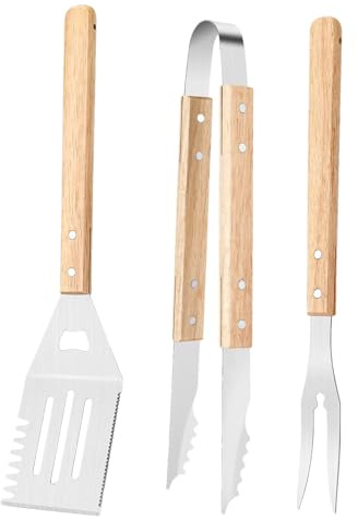 Grillverktyg - 3 x utomhusverktyg för grillning | Värmebeständiga köksutrustning med halkfritt handtag i trä och rostfritt stål för sallader, hamburgare, grillning i
