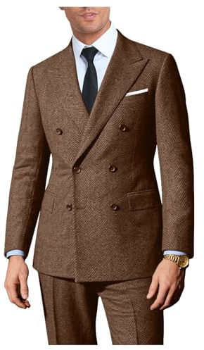 Lynerun Retro 2 Pieces Suit Men Tweed Herringbone Tuxedo Jacket Pants Set, Light Brown, M