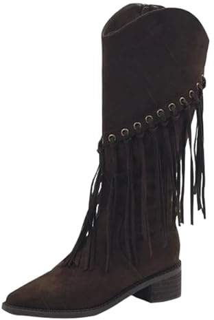 Botas de mujer con tacón alto hasta la rodilla Botas occidentales para mujer, botas con flecos, botas de vaquero con tacón de bloque Botas largas de ante para traje regional, suela suave, botas de