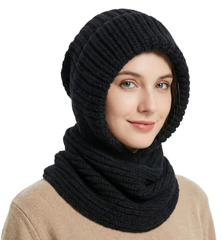 AYPOW Gorro de Punto Invierno Mujer con Bufanda 2 en 1，Prueba de Viento Sombreros de Invierno Cálido, Suave Beanie con Capucha Calentador Cuello Pasamontañas Térmico para Esquí Al Aire Libre