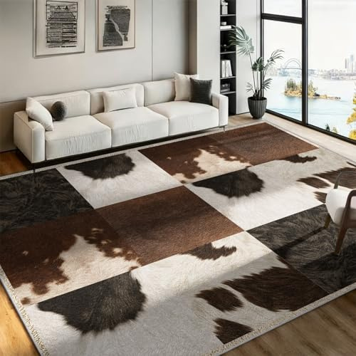 Faux Cowhide Rug for Bedroom, 80x150cm ,Country Brown Cow Print Rugs , Black and White Patchwork Cow Hide Rug , Farmhouse Animal Print Faux Fur Western Rugs,for Office Living Room Home Decor Carpet