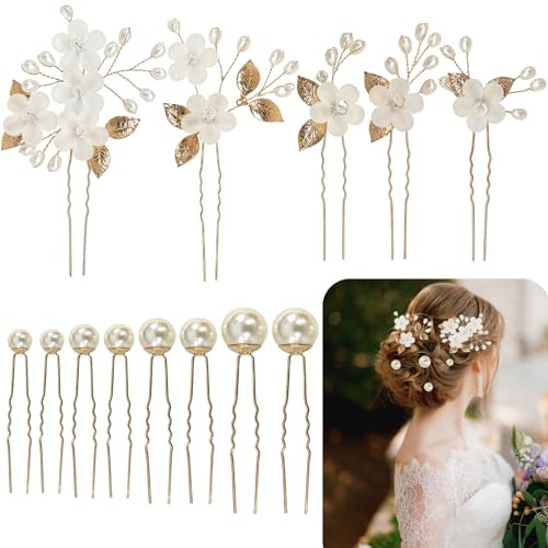 Lot de 13 Accessoires Cheveux Mariage, Épingles à Cheveux Mariée Dorées avec Perles et Motif Fleur Feuille pour Femme, Demoiselle d'Honneur (Set 1)