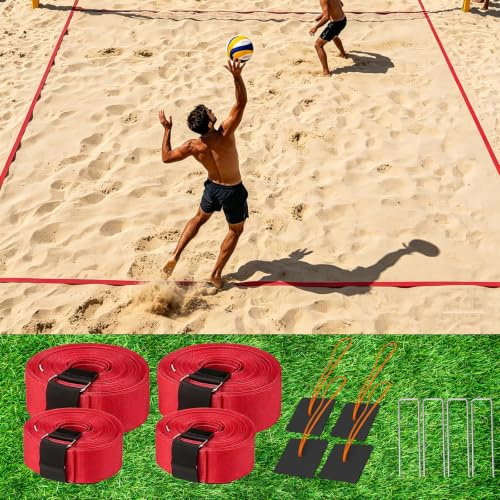 Lignes de volleyball de plage 2 en 1, marquage de terrain de jeu avec ligne centrale, lignes de terrain de volley-ball portables à fixer pour plage de sable et pelouse, lignes de place pour sports de