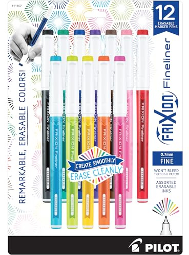 PILOT Pen 11452 FriXion Fineliner Erasable Marker Pens, Fine Point, Assorted Color Inks, 12 Count-Pack