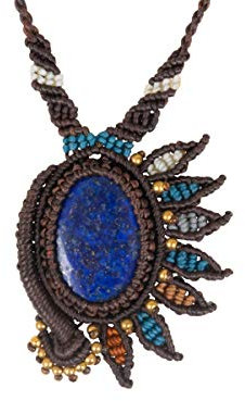 CCcollections Handgemachte Makramee Halskette Wachsschnur mit Messingperlen und Stein (DBrownW BlueAS)