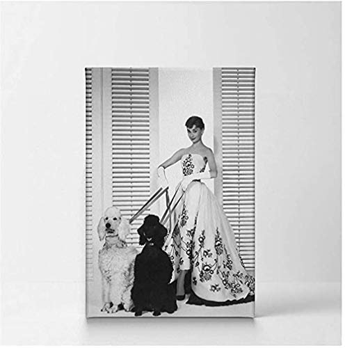 Konstverk,Affischer,Posters,Canvastavlor Moderna Audrey Hepburn Med Två Pudelhundar, Svartvita Dukmålningar, Väggkonstmålning, Affischer Estetiska För Sovrumsväggar 50X70Cm-50X70Cm
