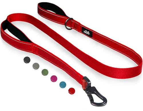 TwoEar 6FT 1IN Strong Red Dog Leash with 2 Padded Handles, Traffic Handle Extra Control, Comfortable Soft Dual Handle, Auto Lock Hook, Reflective Walking Lead for Small Medium and Large Dogs