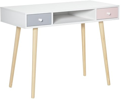 HOMCOM Mesa de Escritorio Infantil, 2 Cajones, Compartimento 100x48x76,5 cm | Estilo Nórdico para Estudio, Entrada o Dormitorio, Multicolor