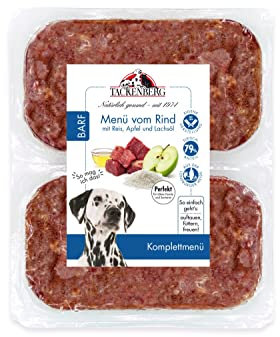 TACKENBERG Barf Menü mit Rinderfleisch, Reis, Apfel & Lachsöl für Hunde - 14 x 500 g - leckeres Frostfleisch als Hundefutter in Premiumqualität - ohne Zuckerzusatz - Gefrierfutter