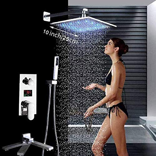 SENNIAN Shower Set Shower Set Shower System Chrome Led Rainfall Shower Faucet Chrome Digital Temperature Screen Bath Shower Mixer with Handshower Swivel Folding Spout Shower System-10 Inch