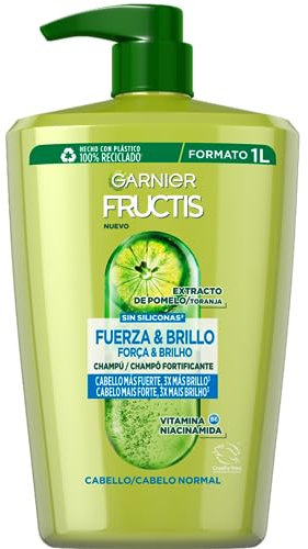 Garnier Fructis Shampoo Frueza & Brillo XXL con Vitamina B6, Niacinamida y Extracto de Pomelo para un cabello más fuerte y brillante, 1000ml