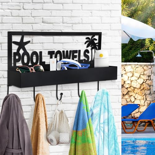 Pool-Handtuchhalter – 2-in-1 Outdoor Pool Strand Waschlappen Trockenständer Halter Wandmontage Metallhaken Dekor für Badetuch Aufbewahrung, Bademantel, Bademantel, Taschen, Telefon, Schlüssel