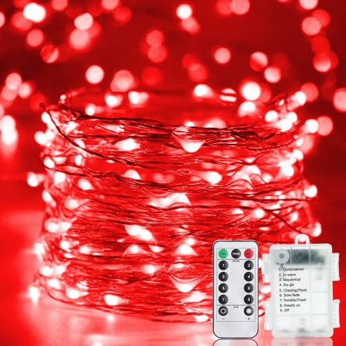 Guirnalda Luces LED con Batería, 10M 100 LED Iluminación Luces a Pilas,Luminoso Impermeable Exterior Interior Cadena de Luces para Decoración Árbol de Navidad, Fiesta de Halloween, Jardín, Boda, Rojo