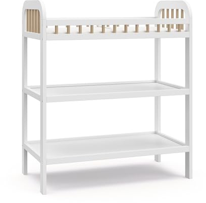 Storkcraft Pasadena Changing Table with Water-Resistant Changing Pad (White with Driftwood) - GREENGUARD Gold Certified, Includes Bonus Water-Resistant Changing Pad with Safety Strap, 2 Open Shelves