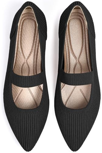TINGRISE Women's Flats Shoes Pointed Toe Knit Washable Ballet Comfortable Dressy Mary Jane Flat Black US7