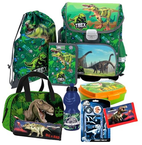 Dinosaurier Dino T-Rex 9 Teile Set SCHULRANZEN Ranzen Federmappe TORNISTER Rucksack mit Sticker-von-Kids4shop Tasche ma