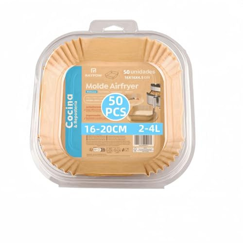 Papel Freidora Aire 16C50 Air Fryer Cuadrado 50 Unidades 16-20 cm moldes Desechable para Horno BPA Free Accesorios para Freidora sin Aceite de 2 a 8 litros (16-20CM-Cuadrado-50 unidad)