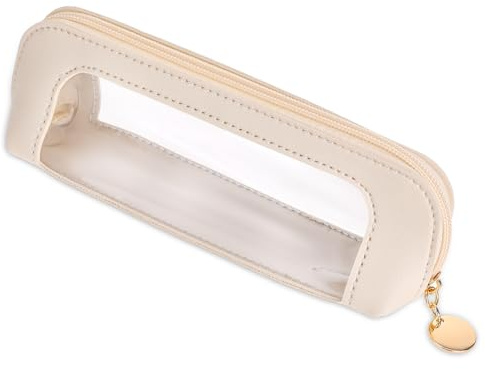 Psyqtsuary Small Clear Makeup Bag, PU Leather Travel Makeup Brush Case Portable Transparent Waterproof Cosmetic Organizer Pouch with Zipper for Women Home Travel Office Cosmetic Storage (Beige)