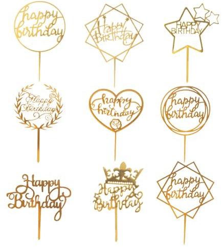 GWAWG 9PCS Happy Birthday Cake Topper,Multicolour Acrylic Cupcake Topper,gold happy birthday cake toppers,Acrylic Cake Toppers for Girls Kids Baby Birthday Wedding Mother Cake Party Decoration