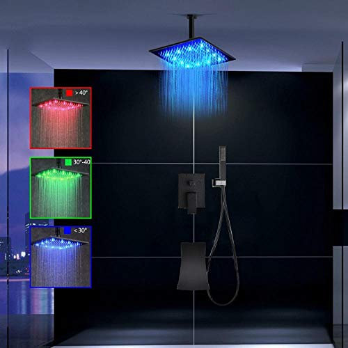 CWZZWS Juego de Grifo de Ducha Oculto LED Orb Negro, Cabezal de Ducha Tipo Lluvia LED, caño en Cascada, Grifo Mezclador de 3 vías, Ducha de baño (Juego Completo de 12 Pulgadas)