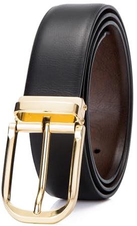 Ousenweiya Mens Belts Leather Reversible 1.25 Black Dress Belt for Men (Gold Buckle Belt, Fits Waist 30-38)