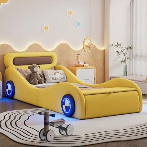 MSMOK Letto imbottito, 90 x 200 cm, letto singolo, letto per bambini, letto per ragazzi, letto imbottito a forma di auto con ruote luminose e spazio di archiviazione, PU, senza materasso, giallo