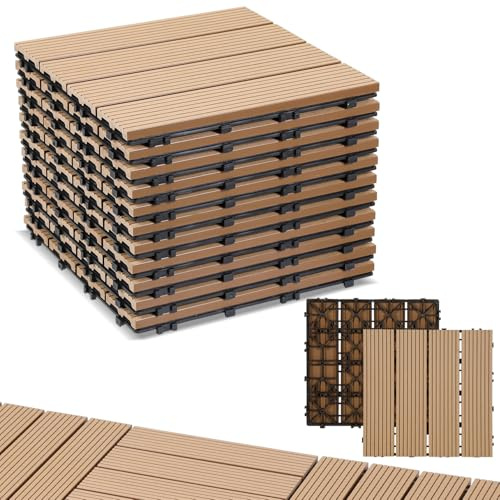 Randaco WPC terrassplattor, set om 33 för 3 m² 30 x 30 cm WPC plattor balkongplattor terrass med dränering och klicksystem, lätt att lägga på, vattentät och halkfri, teak
