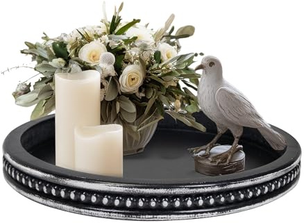Round Candle Tray Holder, Decorative Tray Wood Tealight Pillar Plate, Small Rustic Candle Holder Farmhouse Tray Table Centerpiece for Christmas Wedding Halloween Home Decor(Black)