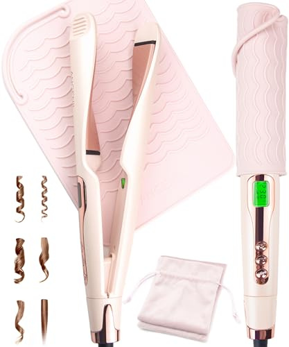 ANGENIL Pro Twist Flat Iron Hair Straightener for Women, 2 in 1 Straightener and Curling Iron, Round Pink Dual Voltage Hair Straightener with Silicone Heat Resistant Mat, 20S Fast Heating, LCD Display