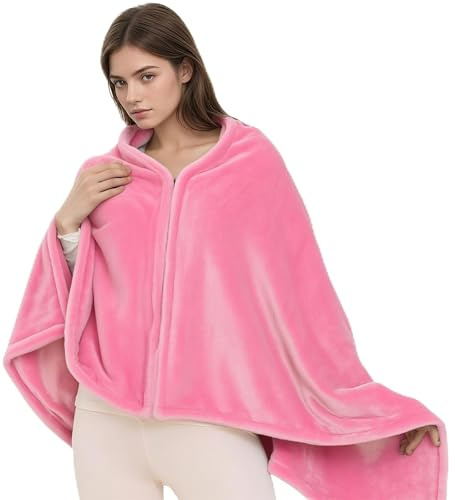 Pinbuton Wearable Blanket Poncho for Women & Men - 59x31 Flannel Fleece Shawl Wrap, Soft Office Chair Blanket, Pink