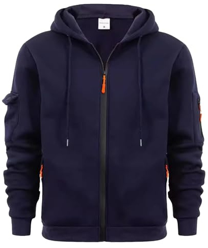 Blixtlås hoodie män lös kontrast dragkedja, flera fickor dragsnöre atletisk modern stil huvtröja höst och vinter vardaglig utomhus toppar jacka