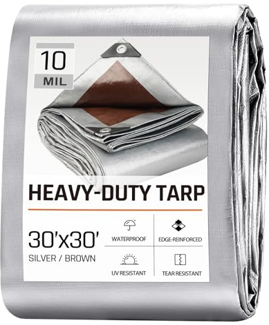 30 x 30 FT Waterproof Heavy Duty Tarp, 10 Mil Thick, Outdoor Furniture Covers, Plastic Insulated Tarpaulin for Camping Tent Roof Boat Patio Pool Cover, Large & Small Multi-Size Tarps, Silver/Brown