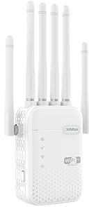 WiFi-repeater, WiFi-förstärkare, kraftfull WiFi-repeater med 6 kraftfulla antenner, 2 LAN-portar, repeater och router & AP-läge, 300 m² WiFi-repeater utomhus, R083