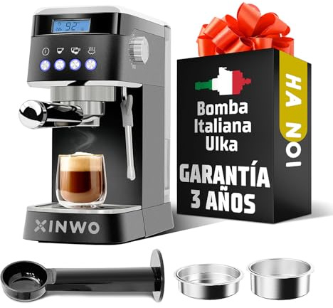 XINWO Hanoi | Cafetera Retro de Acero Inoxidable - 1.2L, 20 Bar, Vaporizador/Espumador, Portafiltros Doble - Máquina de Café Automática con Accesorios - Espressos y Cappuccinos - Negro