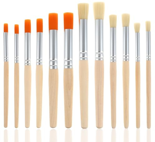Juego de 12 pinceles de madera para plantilla, 3 tamaños, redondos, cerdas naturales, pinceles para pintura acrílica, óleo, acuarela, tiza, manualidades