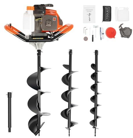 LUNICASHA 72CC - Trapano a benzina con 3 punte (100/150/200 mm), 2 punte per trapano a benzina, profondità di foratura 180 cm, con prolunga per recinzione, giardino e fondazione