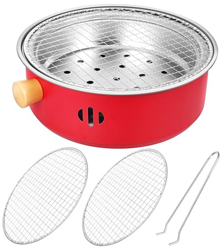 Toyvian Barbecue a Carbone Portatile in Ferro 3 Griglie Fornello Mini da Tavolo per Barbecue Domestico e Campeggio All’Aperto Manici in Legno e Sollevatore per Giardino e Picnic