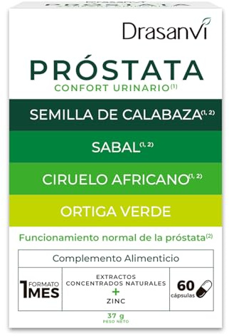 Drasanvi Prostata Confort Urinario con Zinc | Semilla de Calabaza, Serenoa Repens (Sabal), Ciruelo Africano y Ortiga Verde | Función Normal de la Prostata | Sin Gluten | 60 Cápsulas = 1 Mes