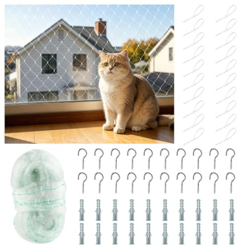 TEUYOE Cat Net for Balcony 3x10m, Nylon Cat Safety Net 2.5cm Mesh | Includes cable ties & screw hooks. Perfect for balcony, window, terrace & fence. Tear & bite resistant. Keeps your cat safe.