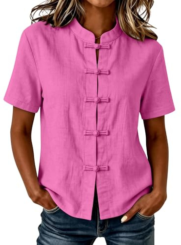 Camisas de manga corta para mujer, estilo étnico, vintage, abotonadas, con botones plegables, blusas orientales para mujer, blusas ligeras de verano, ropa tradicional china, ropa casual